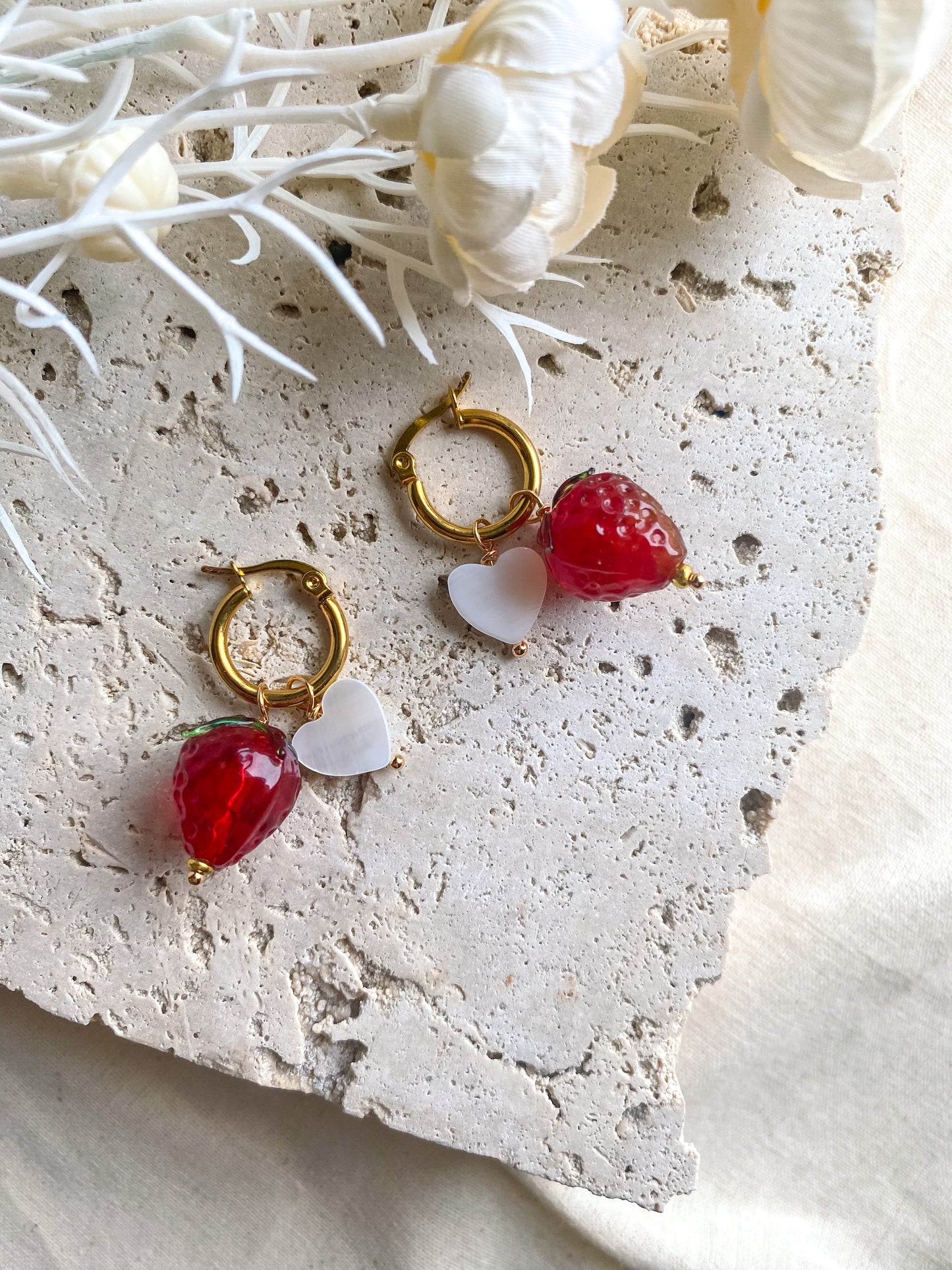 4-in-1 Strawberry, Heart 18k Gold Hoops