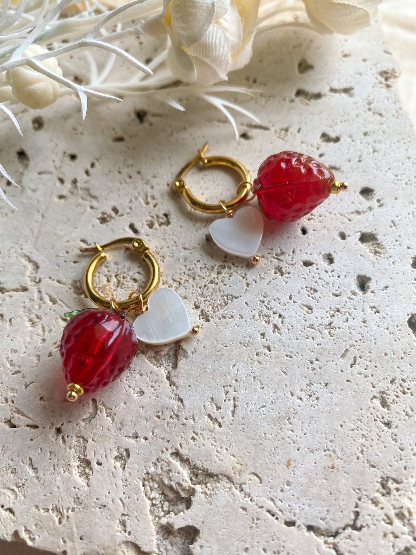 4-in-1 Strawberry, Heart 18k Gold Hoops