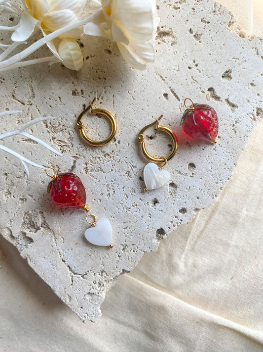 4-in-1 Strawberry, Heart 18k Gold Hoops