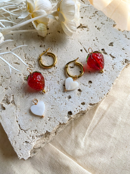 4-in-1 Strawberry, Heart 18k Gold Hoops