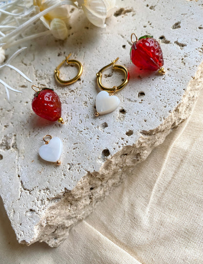 4-in-1 Strawberry, Heart 18k Gold Hoops