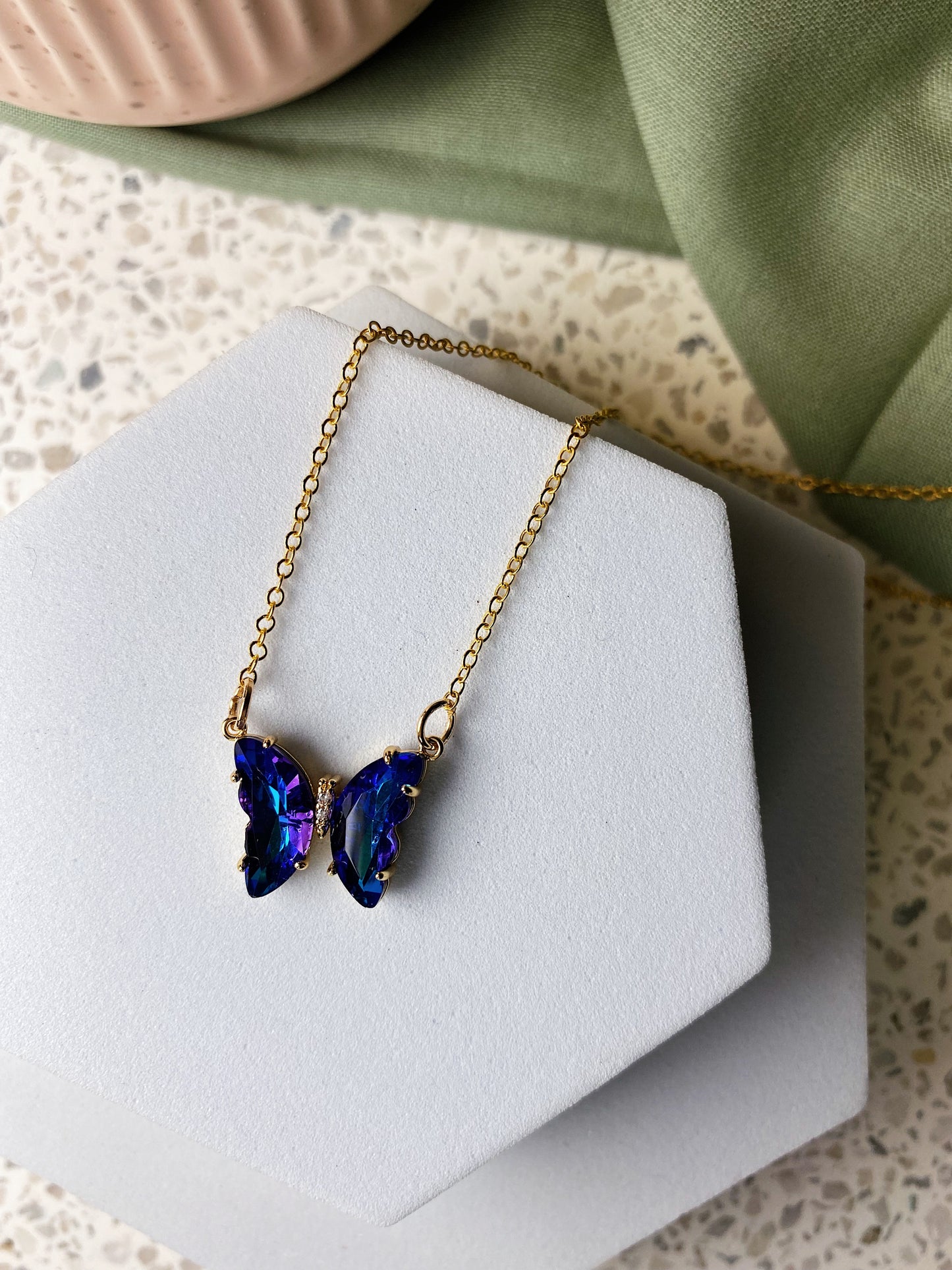 Small Glass Butterfly 18k Gold Necklace