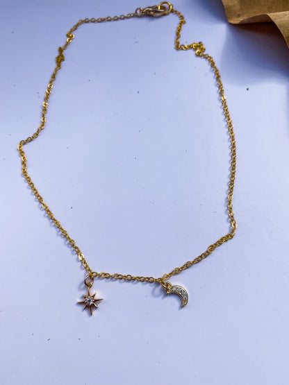 Star and Moon Necklace | 18k Gold