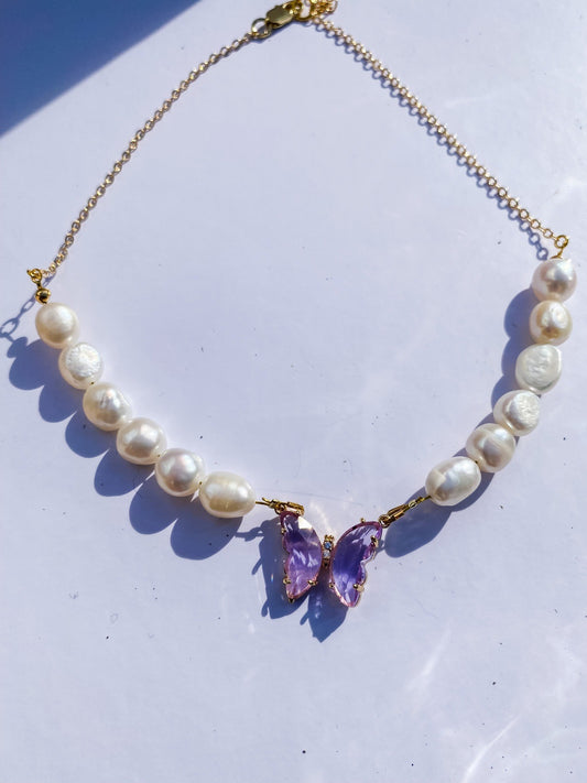 Freshwater Pearl and Butterfly Charm Necklace