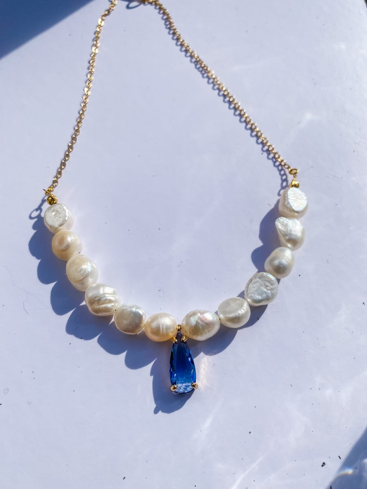 Freshwater Pearl and Teardrop Blue Charm Necklace