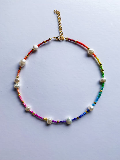 Rainbow Beaded Necklace with Freshwater Pearls