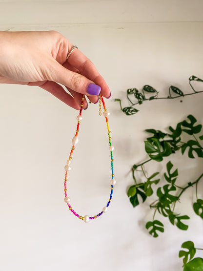 Rainbow Beaded Necklace with Freshwater Pearls