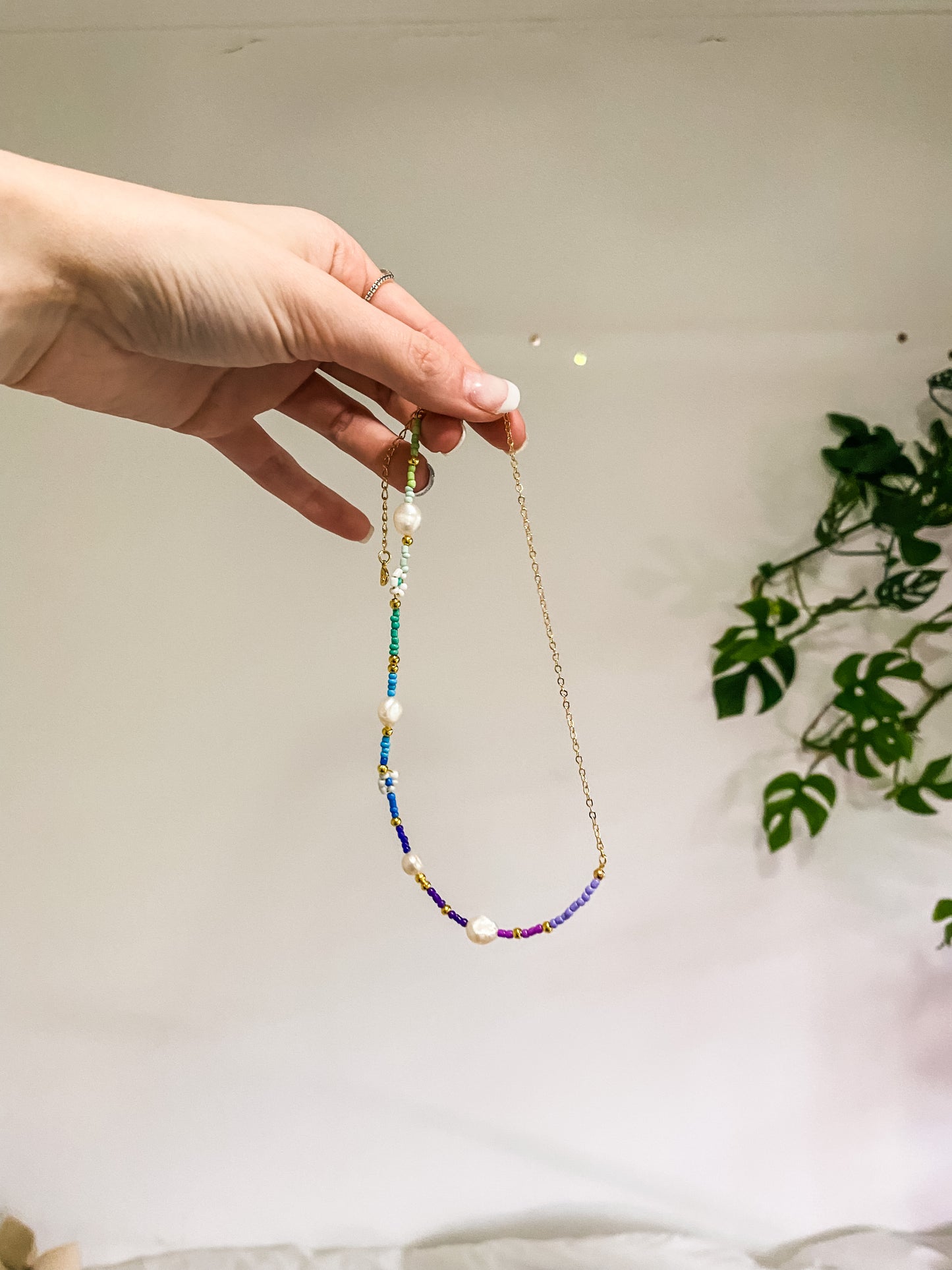 Green, Blue and Purple Beaded Flower Necklace with Freshwater Pearls