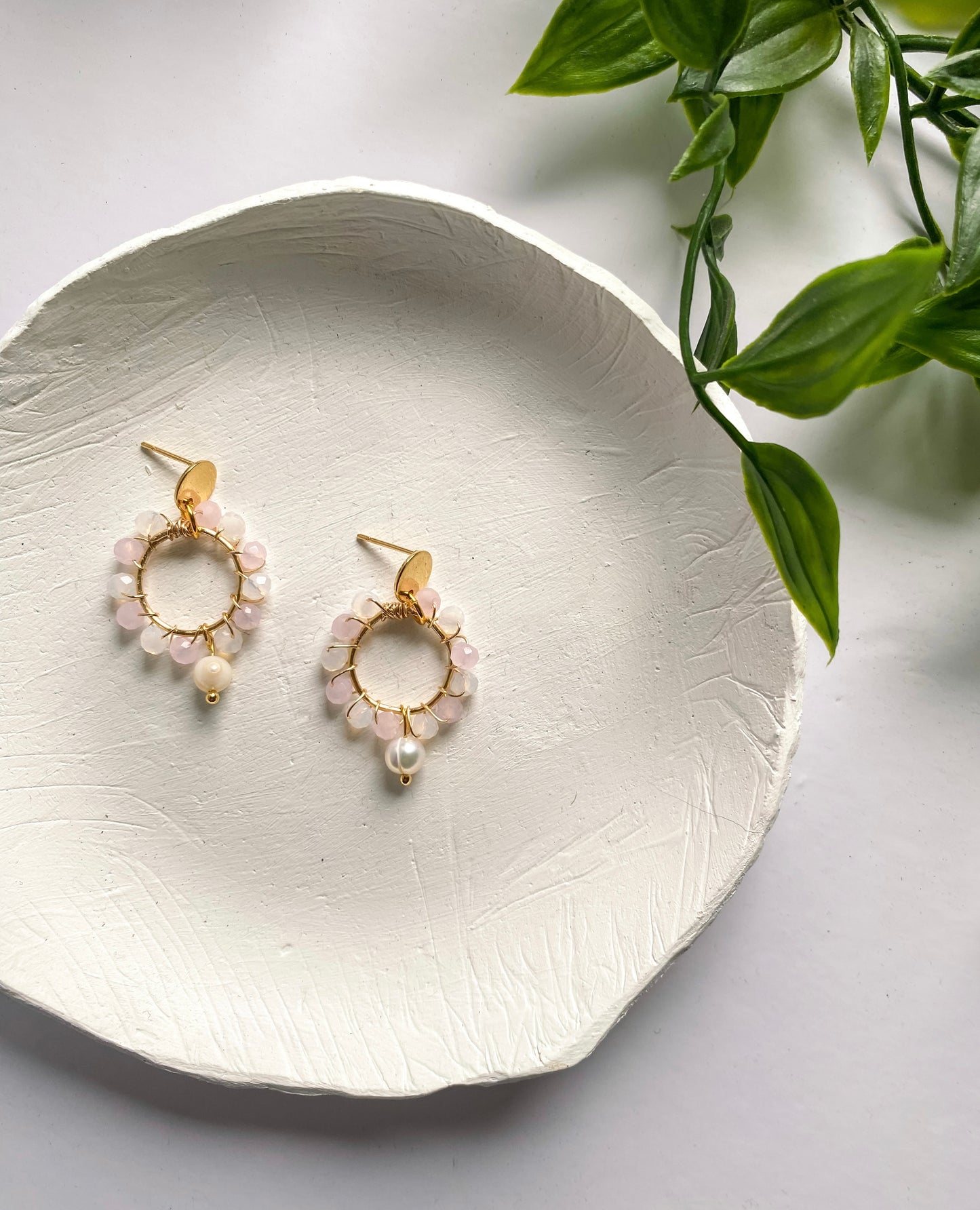 Blush Wire Wrapped Circles with Freshwater Pearl Earrings