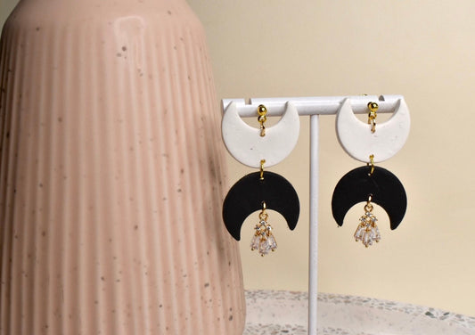 Black and White Opposite Moon Dangles with Cubic Zirconia Charm